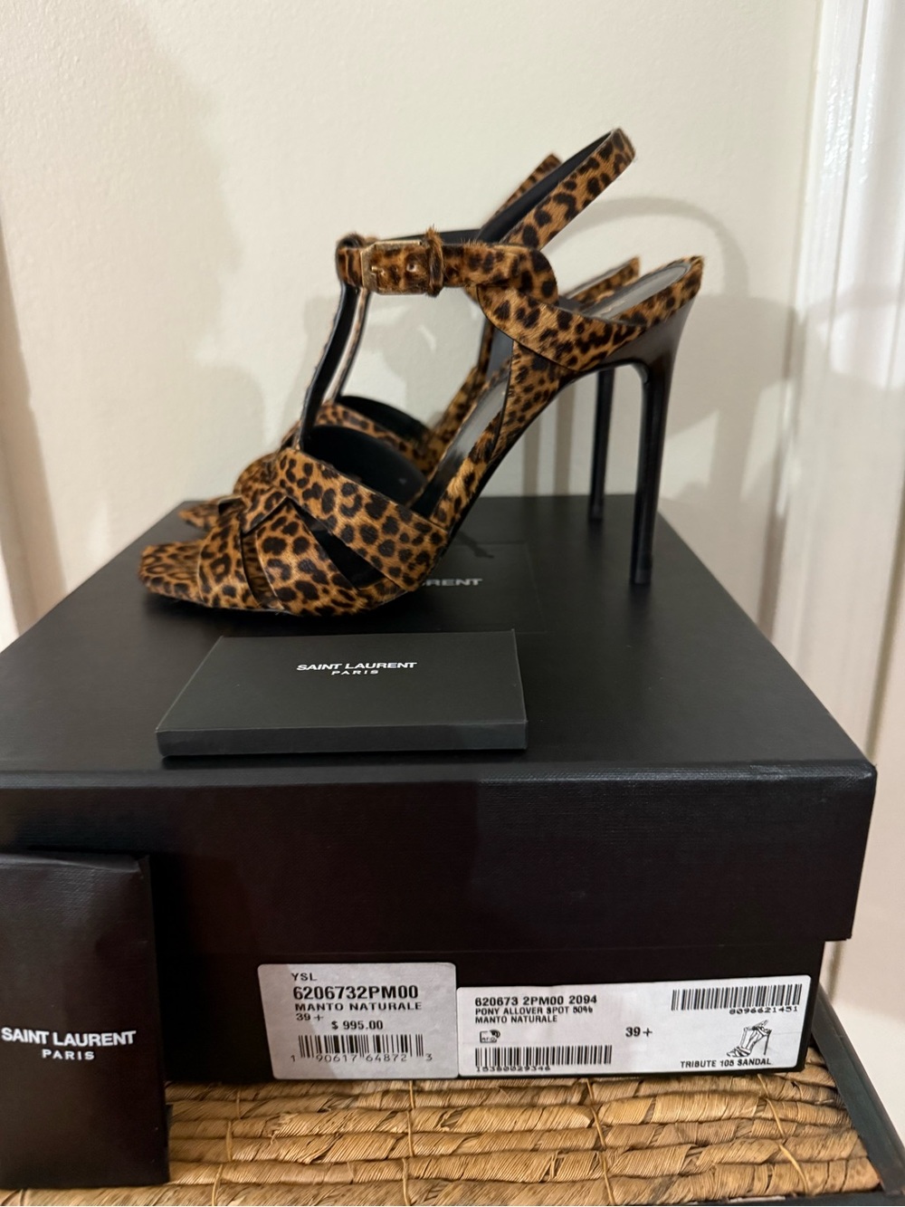 New Saint Laurent Tribute Leopard Print T-Strap Sandals - Pony Fur Brown - Picture 3 of 7